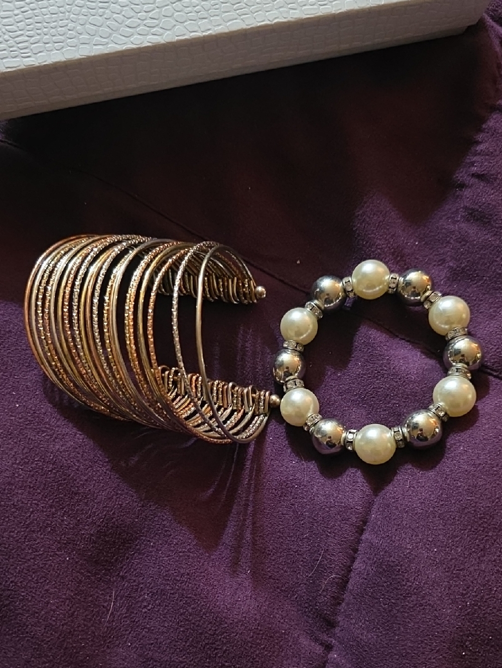 Gold-Tone Bangle Set & Pearl Bead Bracelet - Elegant Women’s Jewelry